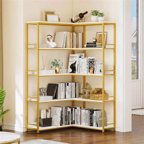 Yitahome | 5 Tier L Shaped Corner Bookcase Gold Open Storage Bookshelf