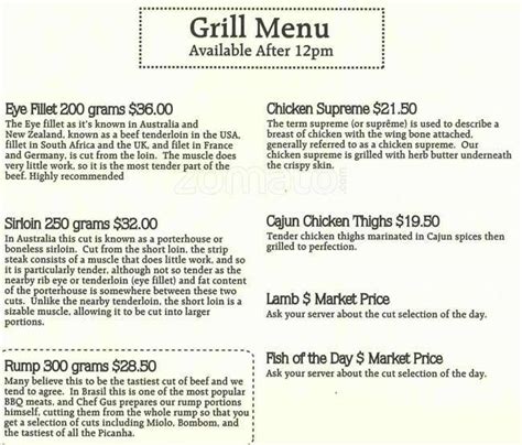 Menu at Seaside Grill cafe, Auckland, 268 Hibiscus Coast Highway