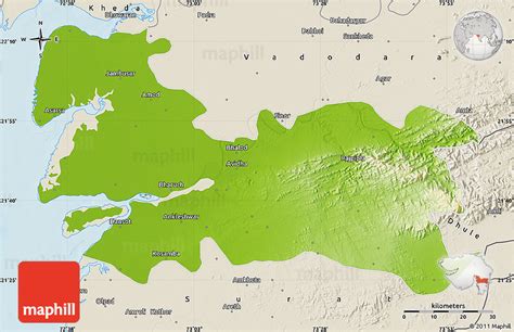 Physical Map of Bharuch, shaded relief outside