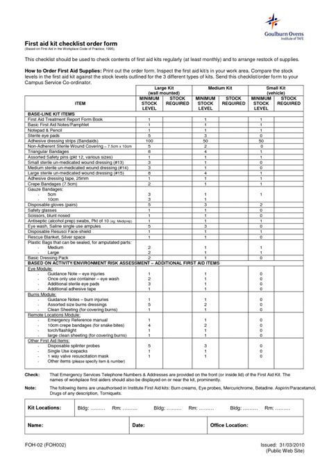 First Aid Kit Contents Checklist Template – Dremelmicro