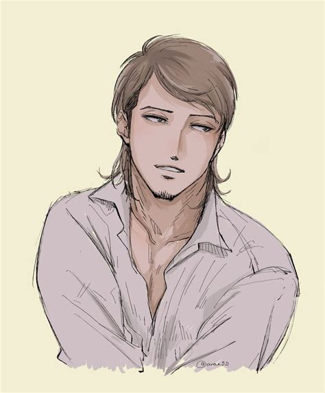 a drawing of a man with long hair wearing a button up shirt and looking ...