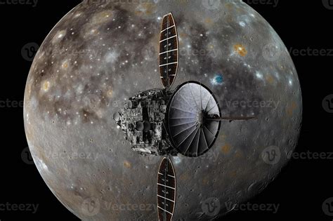 A modern, technologically advanced artificial satellite against the backdrop of Planet Mercury ...