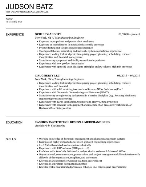 Manufacturing Engineer Resume Samples | Velvet Jobs