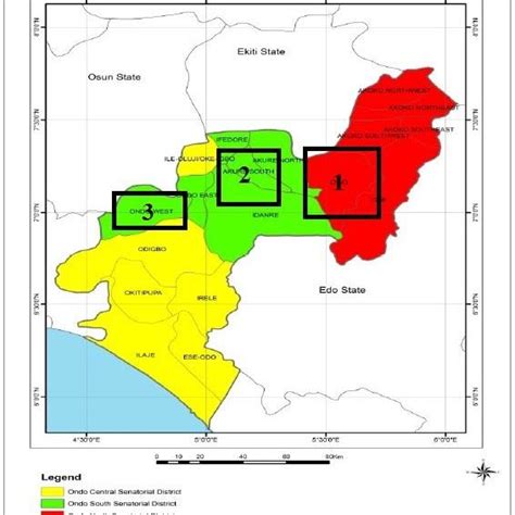 Map of Ondo state Showing Study Areas 1(Owo), 2 (Akure) and 3 (Ondo ...