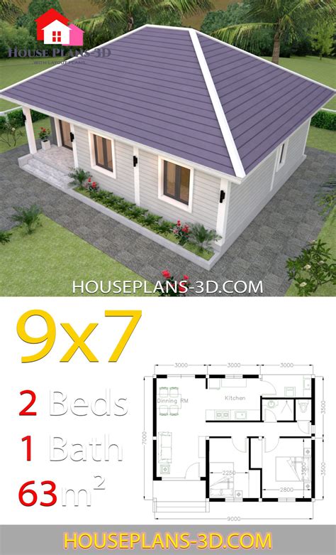 House Plans 9x7 with 2 Bedrooms Hip Roof | House plans, House roof, Hip roof