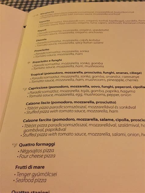 Menu at Trattoria La Coppola restaurant, Budapest