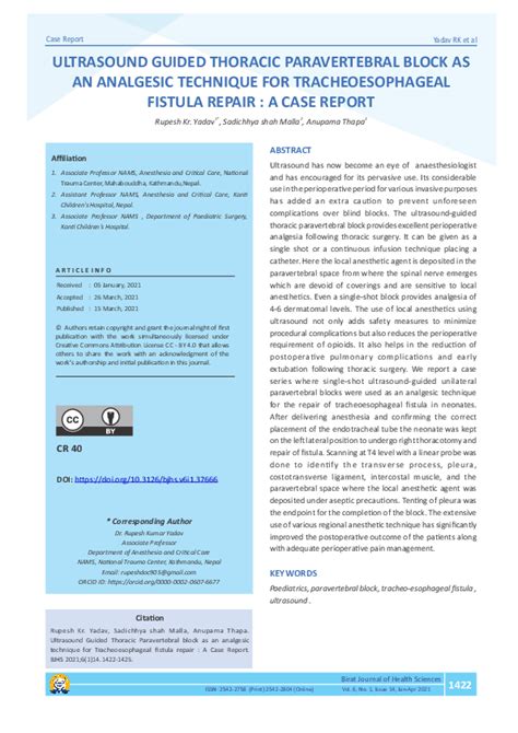 (PDF) Ultrasound Guided Thoracic Paravertebral Block as an Analgesic Technique for ...