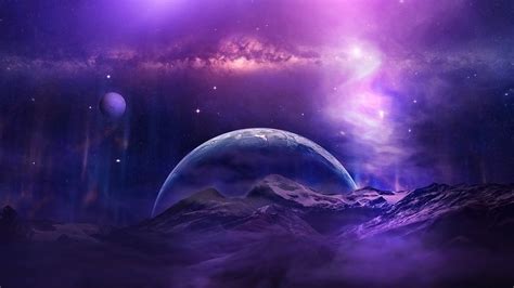 Galaxy Moon Mountain Night Planet Purple Sky Space Stars HD Galaxy ...