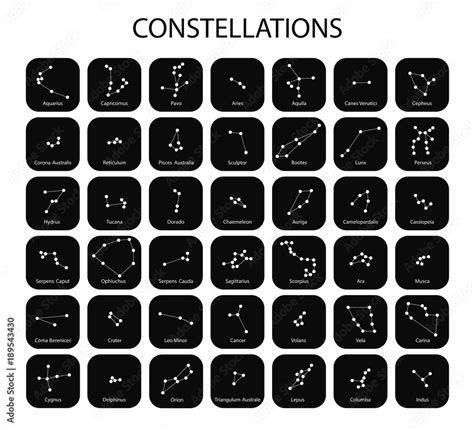 Raster illustration. Constellations of the white zodiac signs, icons of the stars on black ...