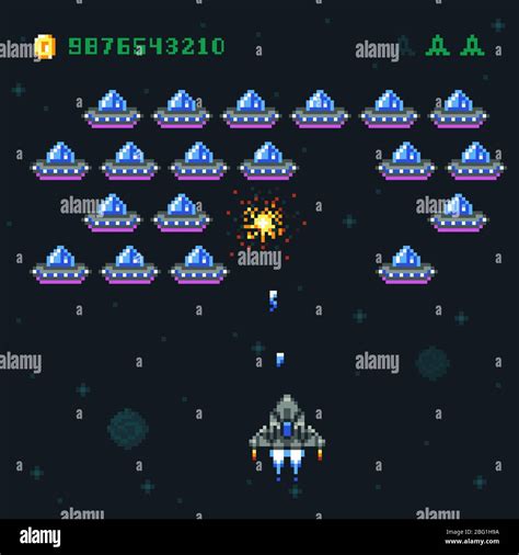 Retro arcade game screen with pixel invaders and spaceship. Space war computer 8 bit old vector ...