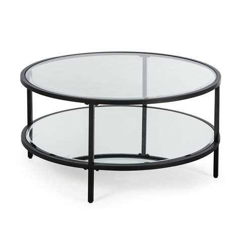 Contemporary Glam Metal Glass Modern Round Black Coffee Table w/ Shelf Furniture - Tables