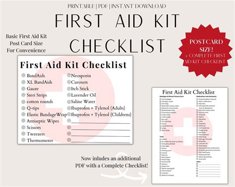 Printable First Aid Kit Checklist Postcard Size Complete First Aid Kit ...