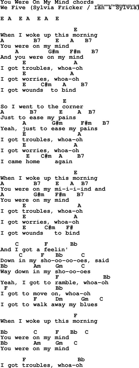 Song lyrics with guitar chords for You Were On My Mind