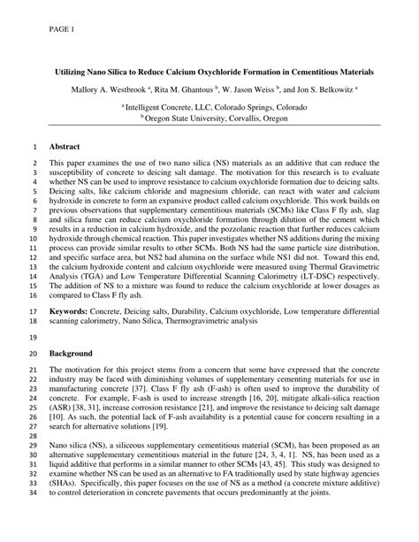 (PDF) Utilizing Nano Silica to Reduce Calcium Oxychloride Formation in Cementitious Materials