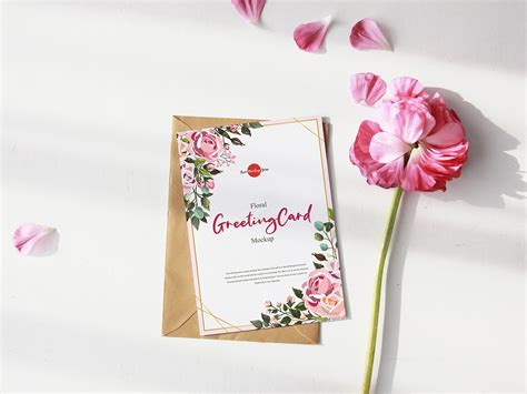 Free Greeting Card Mockup with Pink Flower PSD