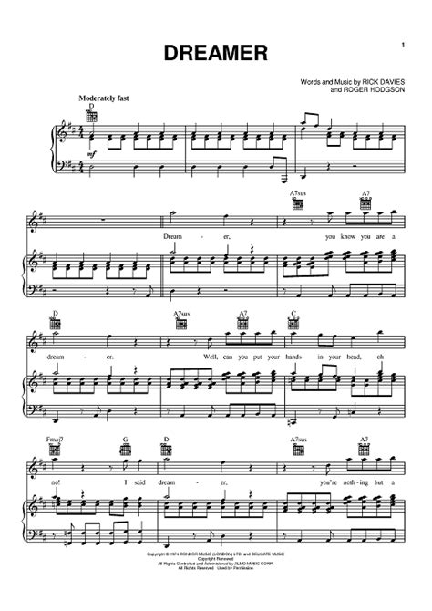 Dreamer" Sheet Music by Supertramp for Piano/Vocal/Chords - Sheet Music Now