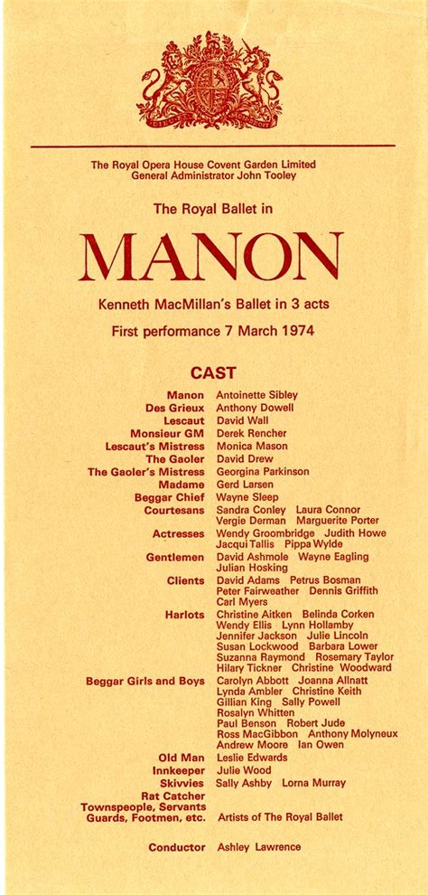 Cast sheet for The Royal Ballet debut performance of Manon… | Flickr