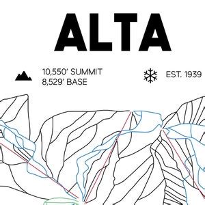 Alta Ski Area Trail Map 16x20, Alta, Utah Map, Skiing Wall Art ...