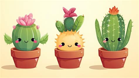 Premium Photo | Set of cute cactus with kawaii cartoon character