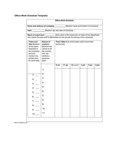 Office work schedule template in Word and Pdf formats