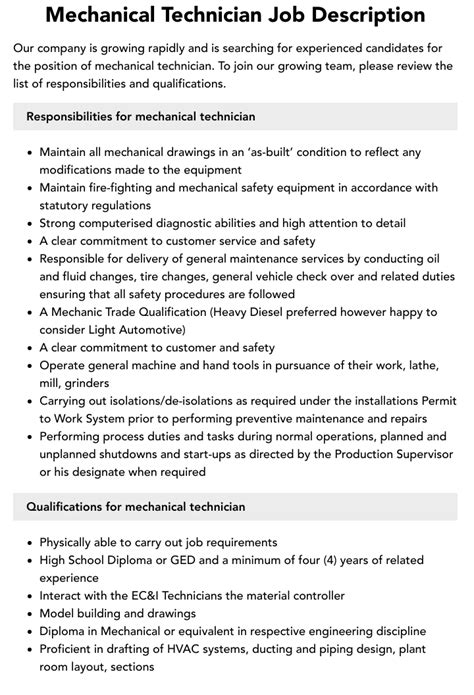 Mechanical Technician Job Description | Velvet Jobs