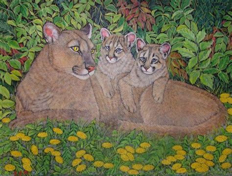 Buy Mountain lion ( puma, cougar, panther) with her Kittens, Oil painting by Sofya Mikeworth on ...