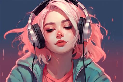 Premium Photo | Beautiful anime girl listening to Lofi hip hop music with headphones cartoon ...