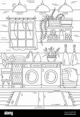 Coloring Page Features Home Laundry Room With Washing And Drying  sketch template