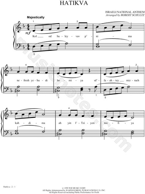 Israeli National Anthem "Hatikva" Sheet Music (Easy Piano) in D Minor - Download & Print - SKU ...