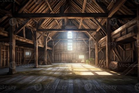 Interior of big old barn in the countryside wood beams windows ...