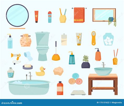 Bathroom Elements SET. Vector Cartoon Bathroom Interior Furniture and Accessories Stock Vector ...