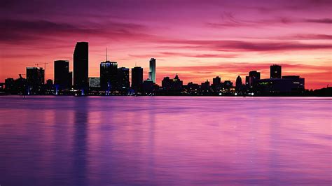 Purple sunset, city, purple, buildings, sunset, clouds, sky, lights, HD ...