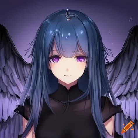 Anime girl with long dark blue hair and purple eyes wearing black wings and a black dress