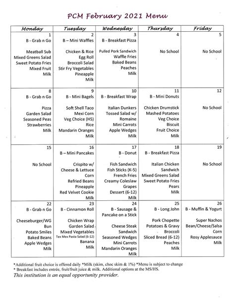 Updated February Lunch Menue | Monroe Elementary School