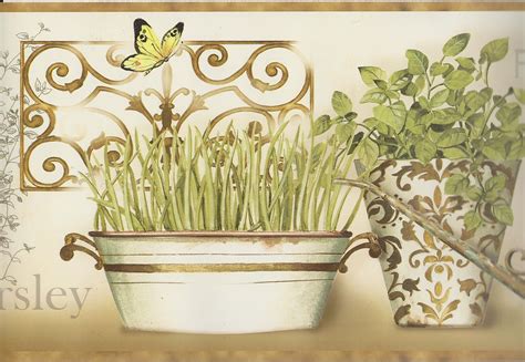 Kitchen Wallpaper Border / Modern Herbs Wall Border / Brown Trim ...