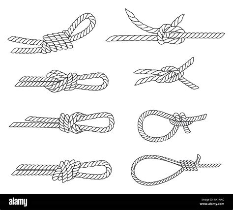 Set of nautical rope knots. Line design. Strong marine rope knots. Flat vector illustration ...