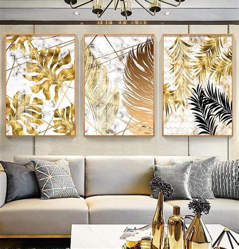 Nordic Tropical Gold Leaves Abstract Wall Art Posters Fine Art Canvas ...