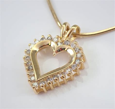 Vintage 14K Yellow Gold Open Diamond Heart Pendant Necklace Square ...