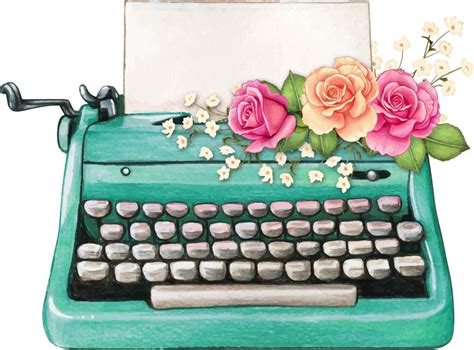 Vintage watercolor turquoise typewriter blank sheet and pink roses ...