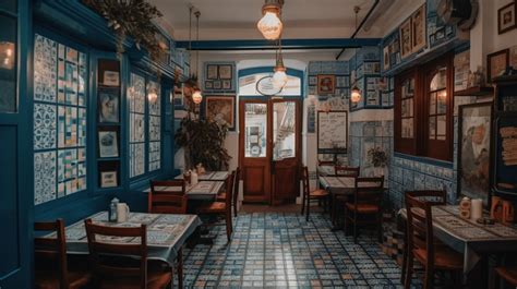 Traditional Greek taverna in Athens with a blue and white color scheme ...