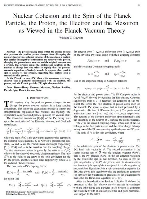 Nuclear Cohesion and the Spin of the Planck Particle, the Proton, the Electron and the Mesotron ...