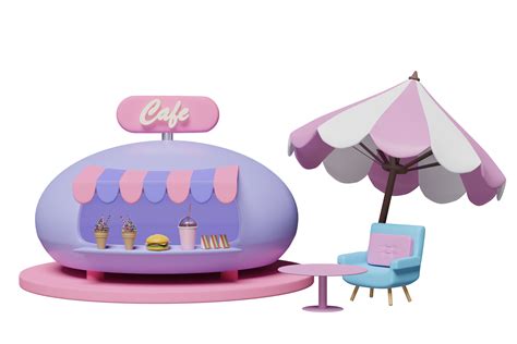 3d shop store cafe with sofa chair, ice cream, coffee table, umbrella, hamburger or burger ...