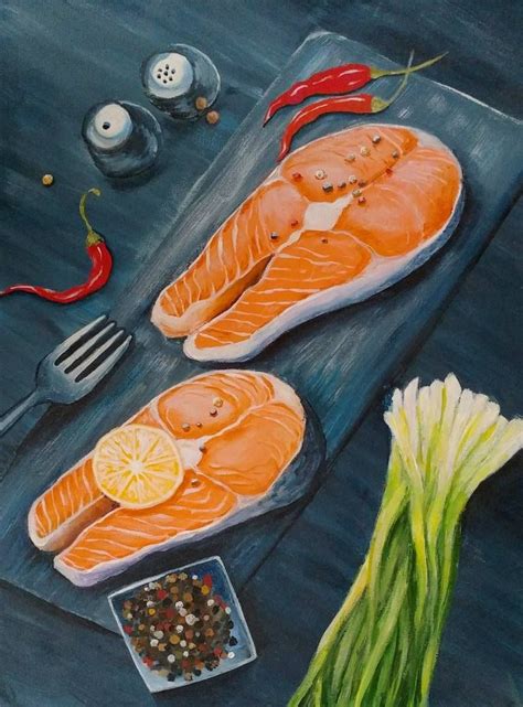 Food Painting Colorful Fish Original Art Still Life Artwork Salmon ...