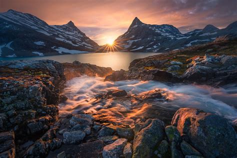 Download Norway Stream Lake Mountain Sunset Nature Sunbeam HD Wallpaper