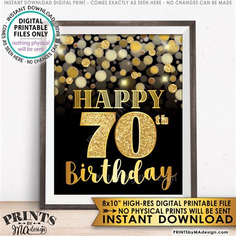 70th Birthday Sign, Happy Birthday, 70 Golden Birthday Card, 70 Years, Black & Gold Glitter 8x10 ...