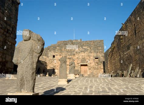 outdoor museum display The Citadel Roman Theatre Bosra Syria Middle East Stock Photo - Alamy