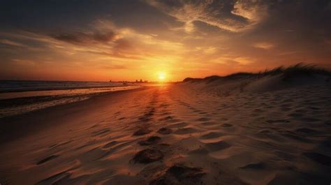 Premium AI Image | A sunset on a beach with footprints in the sand