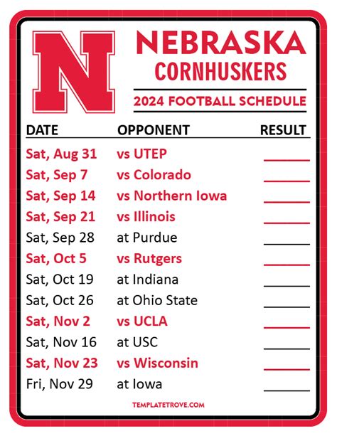 Printable 2024 Nebraska Cornhuskers Football Schedule