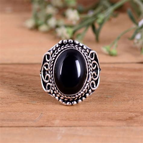 Black obsidian ring Solid 925 Silver Oxidised Ring Oval | Etsy