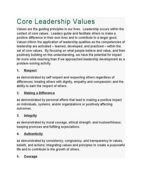 Core Leadership Values | PDF | Leadership | Goal